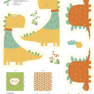May include: A set of dinosaur fabric applique patterns for crafting. The patterns include two yellow dinosaurs with blue and white polka dot collars, two orange dinosaurs with green spines, and a green fabric with the word "ROAR" in a white speech bubble.