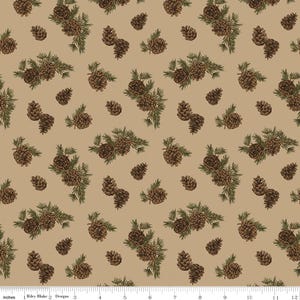 May include: A beige fabric with a repeating pattern of brown pine cones and green pine branches. The fabric is perfect for crafting projects, quilting, and home decor.