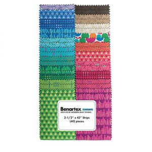 May include: A collection of forty 2.5-inch x 42-inch fabric strips in various patterns and colors. The strips include floral, geometric, and abstract designs in shades of blue, green, pink, and brown. The label reads "Benartex Contempo" and "2-1/2" x 42" Strips (40) pieces."