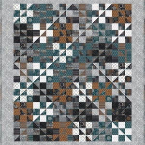 May include: A quilt with a geometric pattern of triangles and squares in shades of brown, teal, gray, and white.
