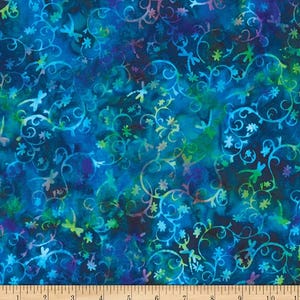 May include: A fabric with a vibrant blue background, featuring a pattern of dragonflies, swirling vines, and floral accents in shades of green, purple, and white. The design has a watercolor effect, creating a dynamic and artistic look.