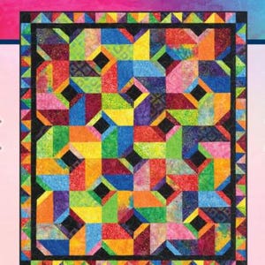 May include: A colorful quilt pattern titled "Farmer's Harvest" with dimensions of 63.5" x 72.5". The quilt features a geometric design with vibrant blocks of red, orange, yellow, green, blue, and purple, framed by a black border. The pattern is by Farmer's Daughters Quilts.