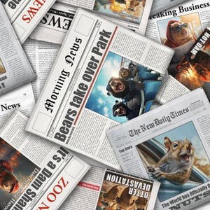 May include: A collection of newspaper headlines with various images. Headlines include "Bears take over Park", "Zoo News", and "The World has Officially Gone NUTS!". The newspapers feature images of animals.