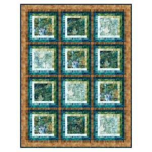 May include: A quilt with a repeating pattern of squares. Each square features a different image of a forest scene with a waterfall. The squares are framed with brown, teal, and white borders.
