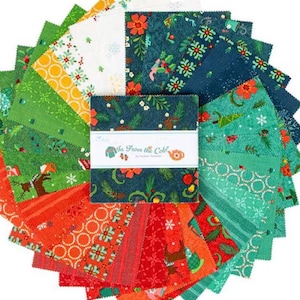 May include: A set of 12 fabric squares featuring a winter holiday theme. The squares are in various colors, including red, green, blue, and white. The fabric squares are printed with a variety of winter holiday designs, including snowflakes, trees, and ornaments. The fabric squares are packaged in a clear plastic bag with a label that reads "In From the Cold".