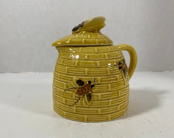 Vintage 1950’s Small Yellow Ceramic Honey Pitcher With Lid & Cork Stopper - Made In Japan - Collectible | Farmhouse Decor | Gift Idea