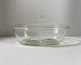 Vintage 1960’s Glasbake Ovenware Clear Glass Oval Baking Dish With Lid & Original Stickers - Collectable | Bakeware | Display Piece | Gift