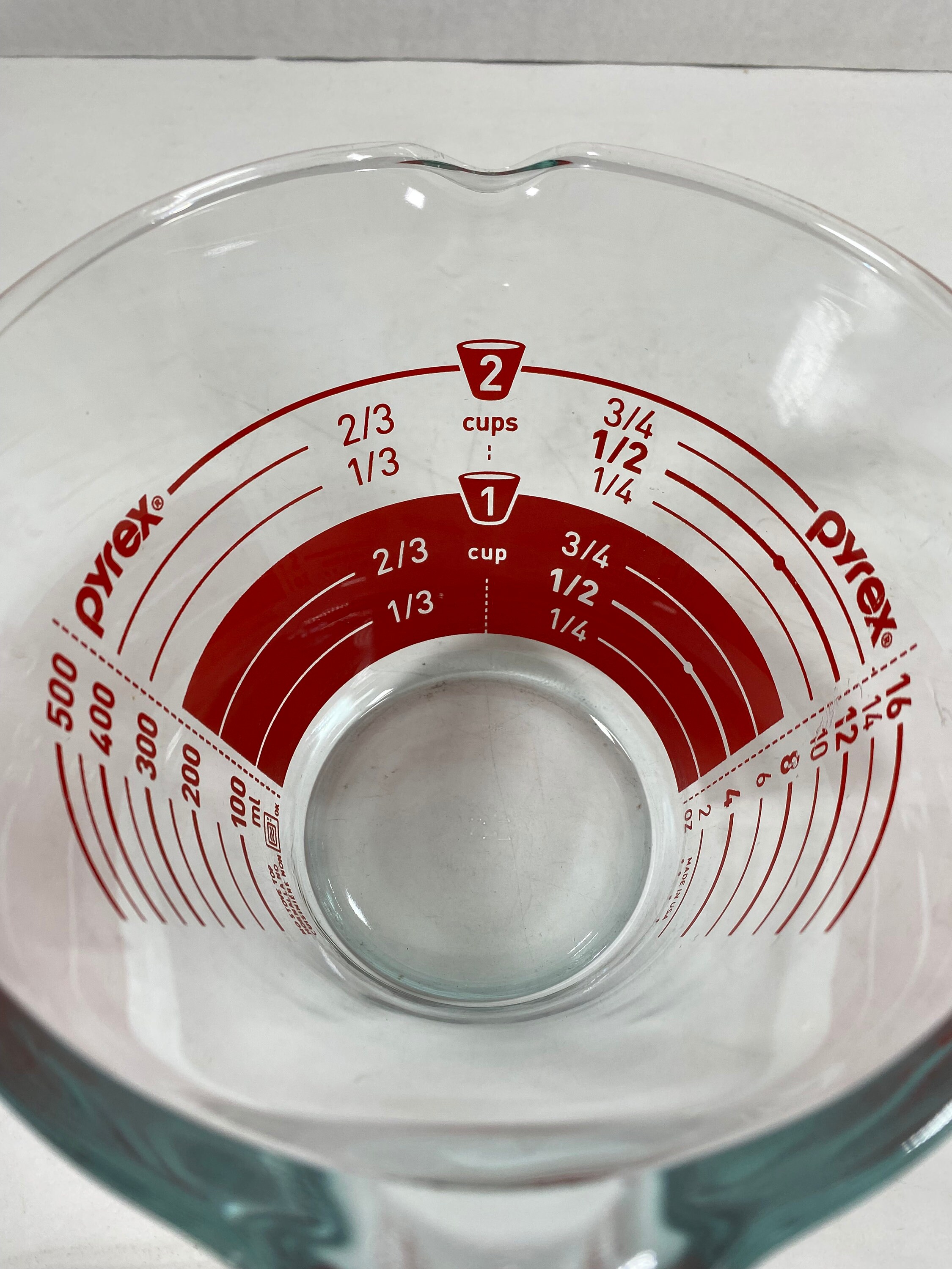 Vintage Pyrex 2 Cup Capacity Measuring Cup, Clear with Red Lettering