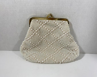 Vintage 1970’s Ivory Beaded Clutch With Metal Frame And Kiss Lock Closure - Made In Hong Kong - Collectable | Vintage Handbags | Gift Idea