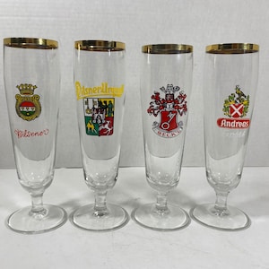 Vintage & RARE 1960’s Pilsner Stemmed Beer Glasses With Gold Trim x 4 - Collectible | Barware | Bar Decor | Gift Idea