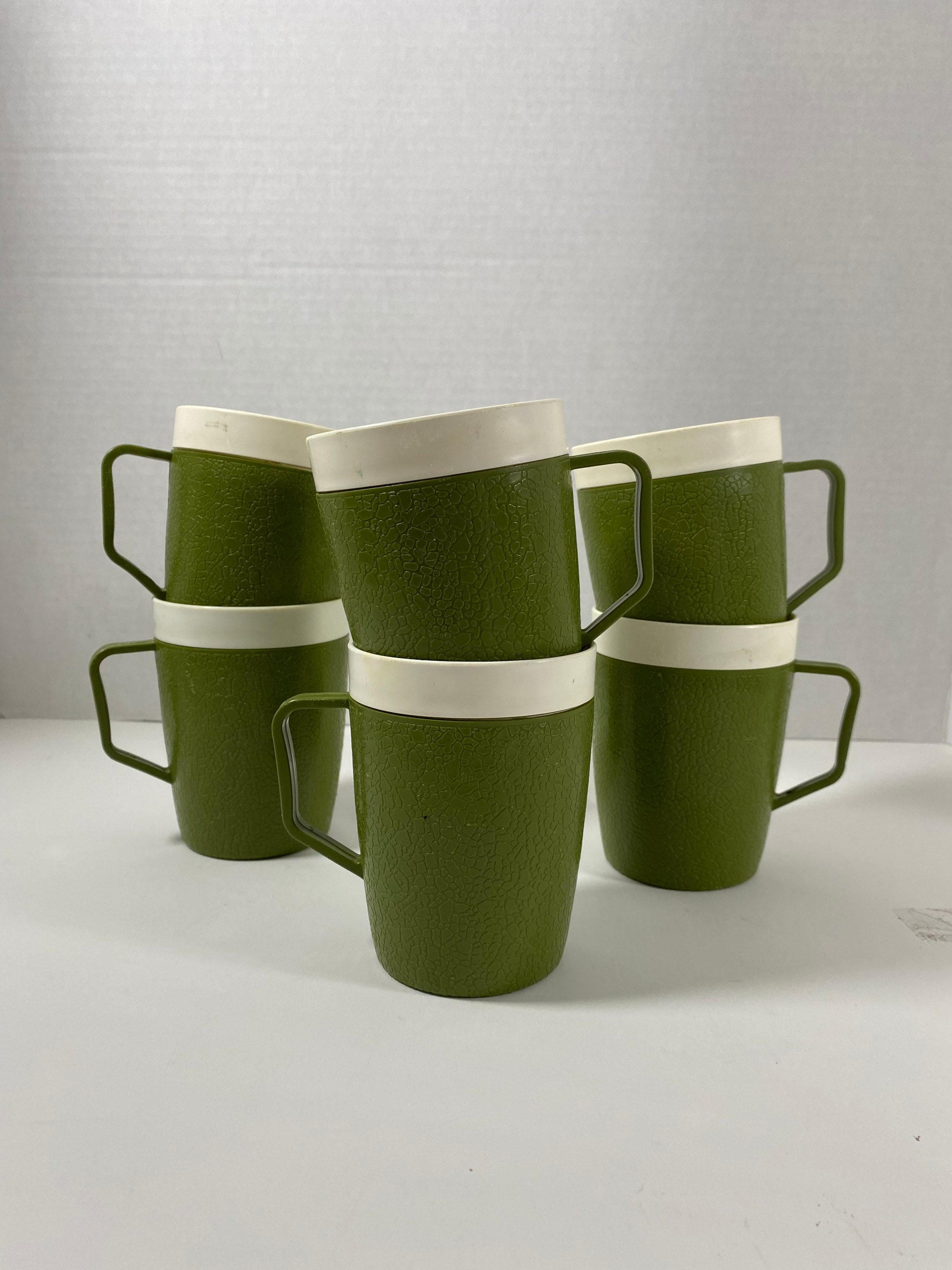 Vintage 1970's Avocado Green & Ivory Mugs X 6 With Handles Vintage 1970's Avocado Green & Ivory Mugs X 6 With Handles