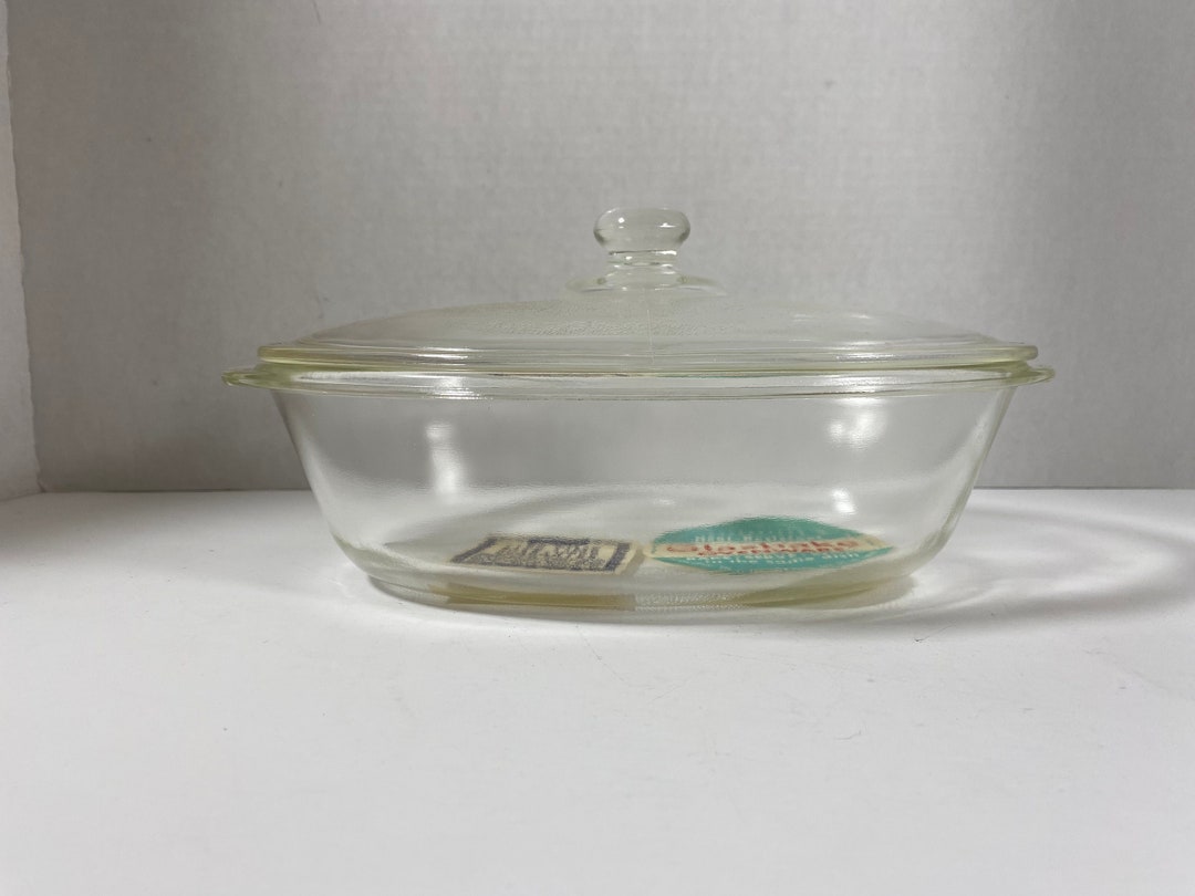 Vintage 1960s Glasbake Ovenware Clear Glass Oval Baking Dish With Lid