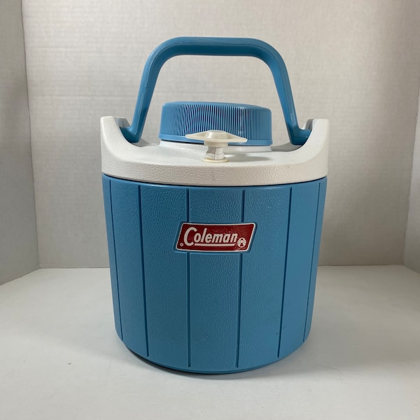 Vintage 1970 Blue & White Coleman Plastic Water Cooler Jug With Pouring Spout - Collectible | Cottage | Camping | Outdoors | Gift