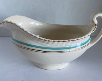 Vintage 1930’s Johnson Bros Gravy Boat With Aqua Gold Bands And Rope Edge - Collectible/Housewarming/Wedding Gift