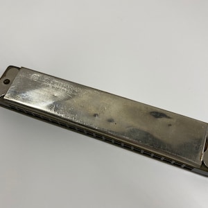 May include: A silver harmonica with a black plastic case. The harmonica has a metal cover with the text "Hohner" and "Made in Germany" printed on it.