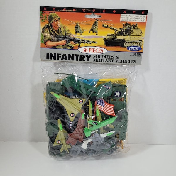 Vintage 1990’s Fishel 38 Pieces Infantry Soldiers & Military Vehicles With Play Mat •New In Package• Collectible | Nostalgic Toys | Gift