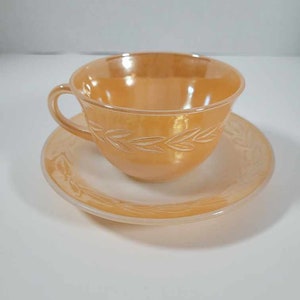 Vintage 1950’s Anchor Hocking Fire King Peach Lustre “Laurel” Glass Tea Cup & Saucer - Collectible | Vintage Kitchen | Display Piece | Gift