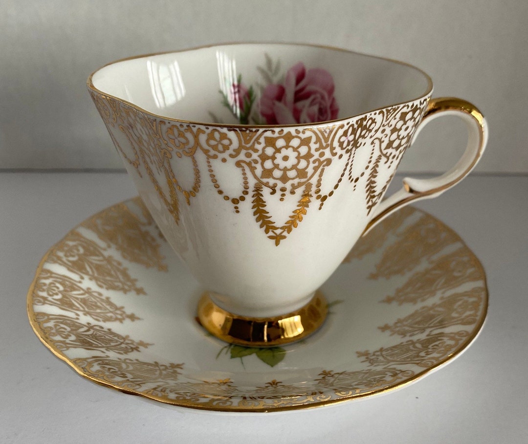 Vintage 1950's Windsor Bone China - White and Gold With Rose