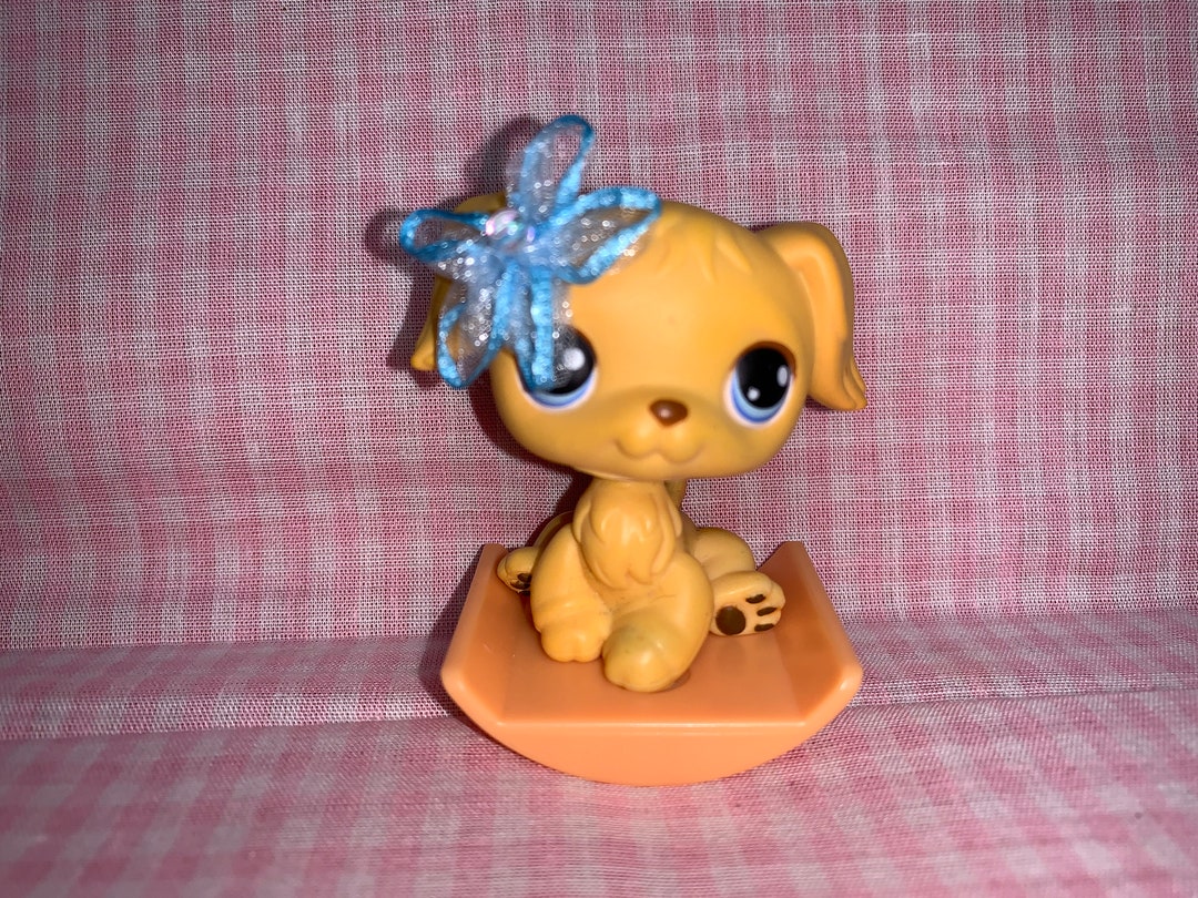 Vintage LPS Littlest Pet Shop Golden Retriever Dog With Handmade Bow
