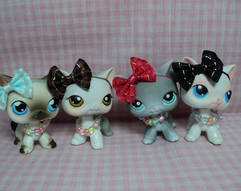 Conjunto de 8 piezas de Littlest Pet Shop LPS hecho a mano, con 4 lazos y 4 collares, en bolsa de regalo (no se admiten mascotas)
