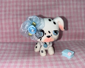 Figura vintage original de LPS Littlest Pet Shop, perro dálmata con collar de lazo hecho a mano, galleta (011)