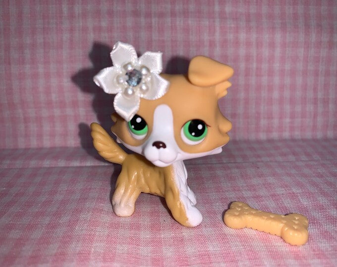 Rare Toy LPS Littlest Pet Shop Yellow Collie Dog With Handmade Bow Bone