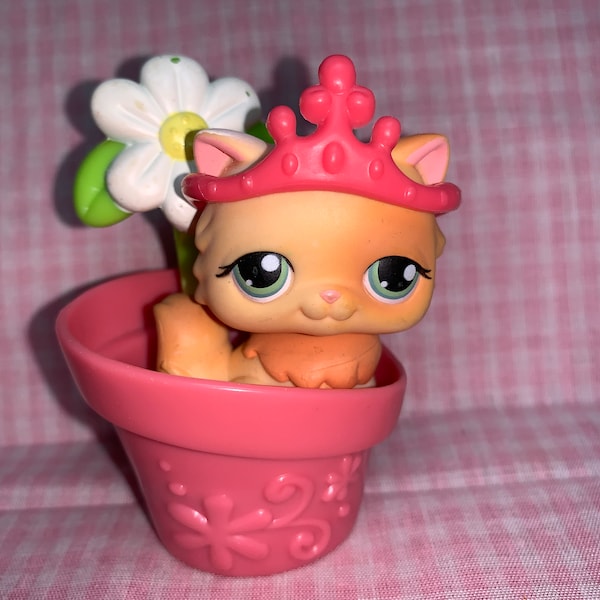 Discontinuous Rare LPS Littlest Pet Shop Orange Cat with Crown Flower Pot Bed (008)