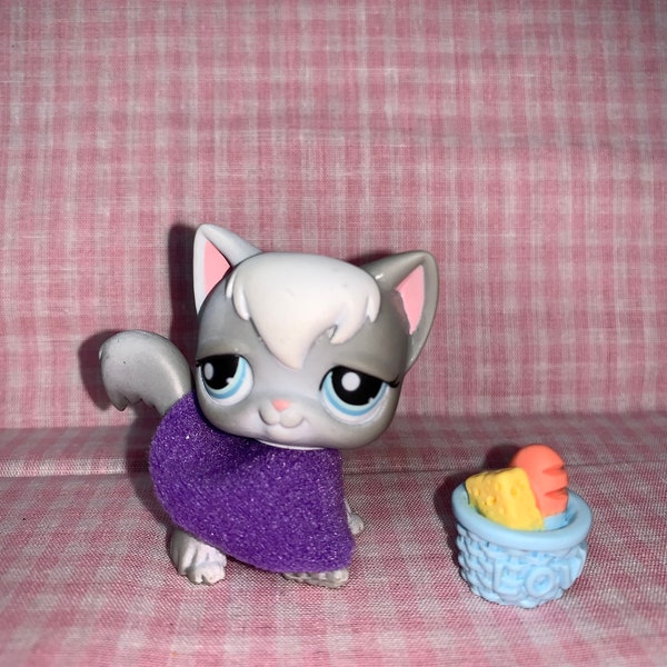 Discontinuous Rare LPS Littlest Pet Shop Gray Cat with Cape Food Basket (008)