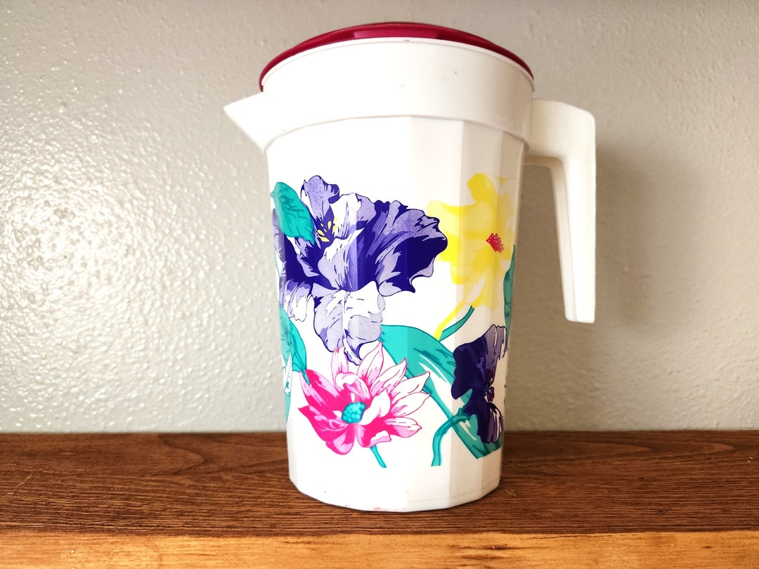 Vintage Packerware Plastic Drink Pitcher With 80s Style Floral Design