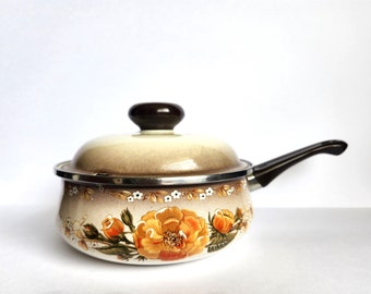 German WMF Stahlemail Poppy Flower Saucepot with Lid - Enamel Saucepan - Vintage Cookware - Retro Stockpot - WMF Kitchenware - Pot with Lid
