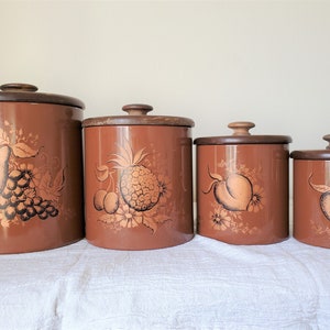 Vintage Ransburg Fruit Brown Canister Set of Four - Flour Sugar Coffee Tea Canisters - Indianapolis Indiana