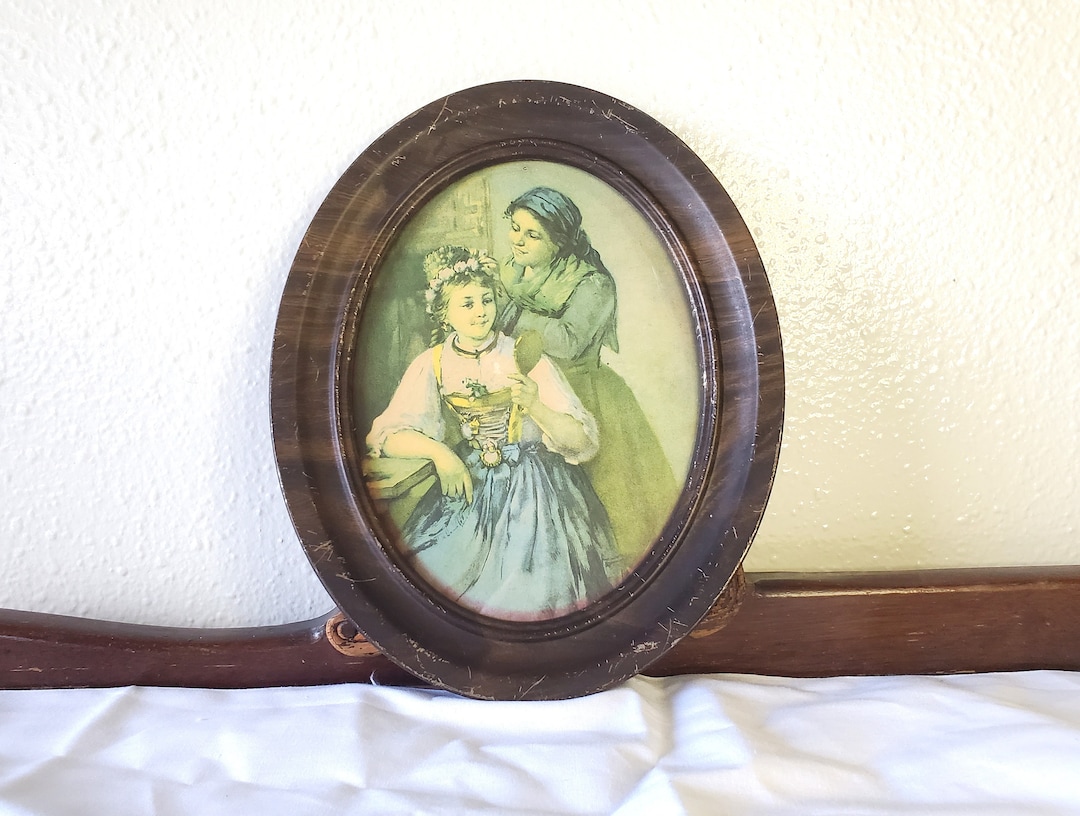 Vintage Oval Wall Art Print of Two Women Woman Doing a Girl's Hair
