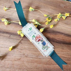 Handmade Cross Stitch Book Worm Bookmark - Ribbon Bookmark - Mushroom Bookmark - Reading Gift - Book Lover Gift - Unique Bookmarks