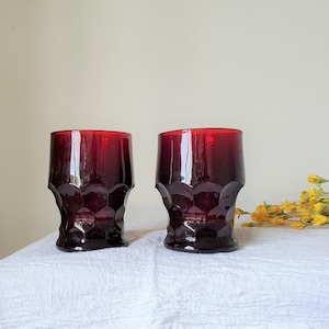Anchor Hocking Ruby Red Georgian Honeycomb Tumblers - Set of Two - Drinking Glasses - Whiskey Glasses - Mid-Century Modern Glassware
