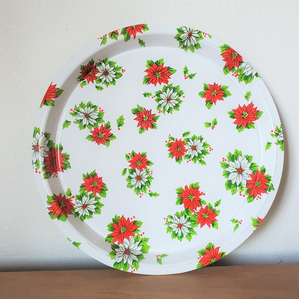 Vintage Round Christmas Holly Serving Tray - Christmas Home Decor - Christmas Party Decor - Christmas Cookie Tray - Winter Home Decor