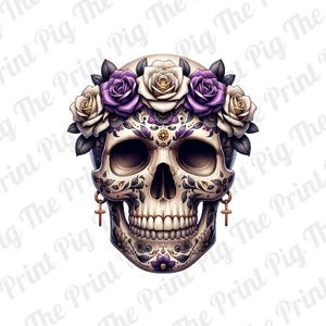 Schädel Blumenkrone PNG digitale Download-Datei, Tattoo-Skelett PNG, Halloween, T-Shirt Druck, sublimierte Druckdesigns, Tag des toten Schädels