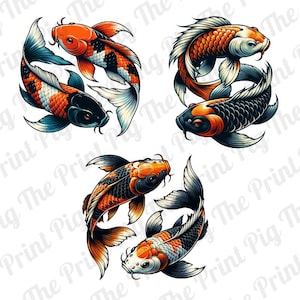 3 PACK - Koi Fish PNG Digital Download file, Vintage Tattoo art, pair of koi fish, graphics t-shirt print, sublimated art yin yang sticker