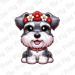 Miniature Schnauzer Dog PNG Digital Download file, Flower Crown Dog PNG,  t-shirt art, sublimated print designs, sticker design, cartoon dog
