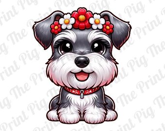 Miniature Schnauzer Dog PNG Digital Download file, Flower Crown Dog PNG,  t-shirt art, sublimated print designs, sticker design, cartoon dog
