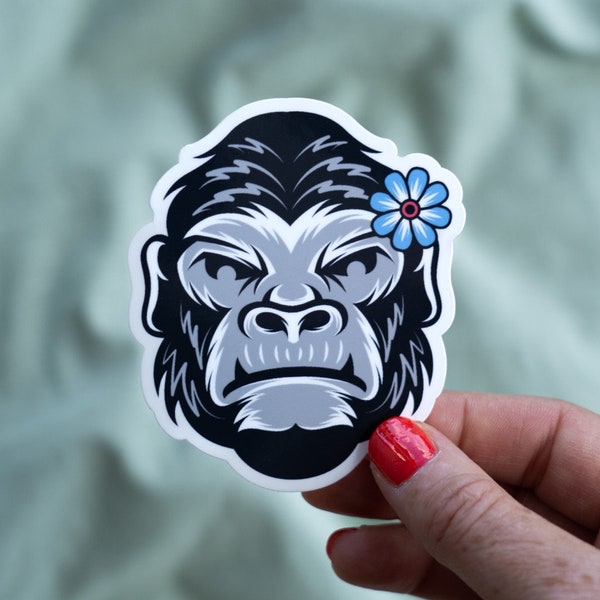 Grumpy Ape with Flower Sticker | Glossy White Vinyl Sticker | Gorilla | Cute Cartoon | Laptop Sticker | Vinyl Decal | Animal Sticker