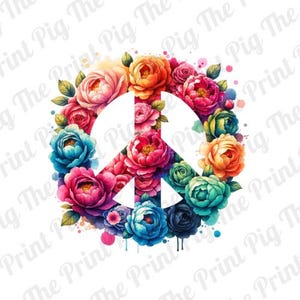May include: A peace sign symbol surrounded by colorful watercolor flowers. The flowers are in shades of pink, red, orange, yellow, blue, and green.