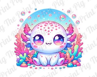 May include: A cartoon axolotl with large, colorful eyes sits on a bed of pink and blue coral. The axolotl is white with pink spots and has a pink and blue tail fin. The background is a blue and pink gradient with white bubbles.