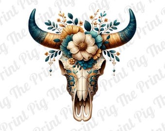 Archivo PNG de descarga digital de calavera de vaca boho, PNG floral boho, diseños de impresión de camisetas, diseños de impresión sublimada, arte de calcomanías de otoño, vaquera