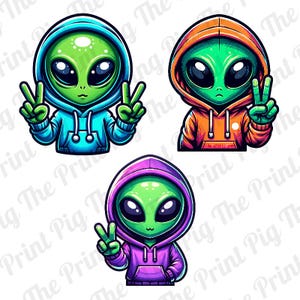 3 PACK - Alien Piece Sign PNG Digital Download file, Halloween PNG, space, t-shirt prints, sublimated print designs, cartoon monster aliens