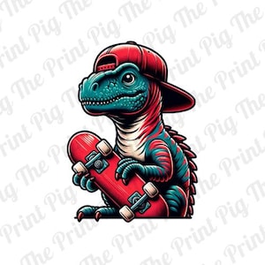 Dinosaur skateboarder PNG Digital Download file, t-rex clipart, skateboard downloads, t-shirt prints, sublimated print designs, dino sticker