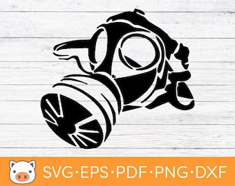 May include: Black and white silhouette of a gas mask with a large round filter on the side. The mask has a strap that goes around the head.