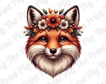 Boho Fox with Flower Crown PNG Digital Download file, floral boho PNG,  t-shirt print designs, sublimated print designs, fall sticker art