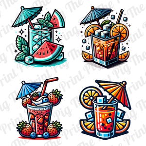 PACK de 4 - Fichier de téléchargement numérique PNG de cocktails d'été, Mojito, thé glacé, Aperol Spritz PNG, été, dessins d'autocollants de t-shirt, boisson sans alcool