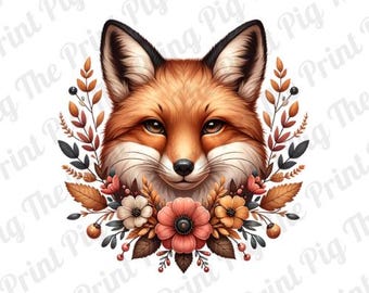 Boho Fox with Flower Crown PNG Digital Download file, floral boho PNG,  t-shirt print designs, sublimated print designs, fall sticker art