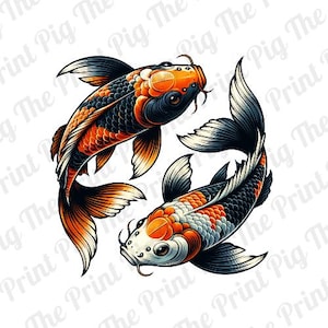 Koi Fish PNG Digital Download file, Vintage Tattoo art PNG, pair of koi fish, graphics t-shirt print, sublimated print yin yang stickers art